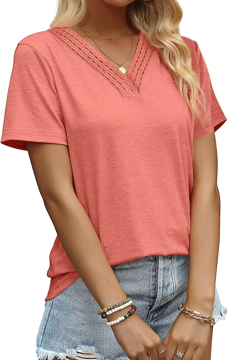 Aokosor Womens Summer Tops 2024 Trendy Crochet V Neck Tee Shirts Short Sleeve Casual