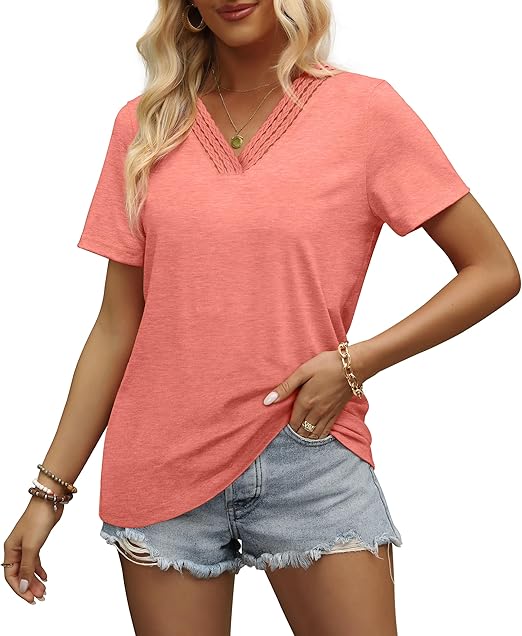 Aokosor Womens Summer Tops 2024 Trendy Crochet V Neck Tee Shirts Short Sleeve Casual